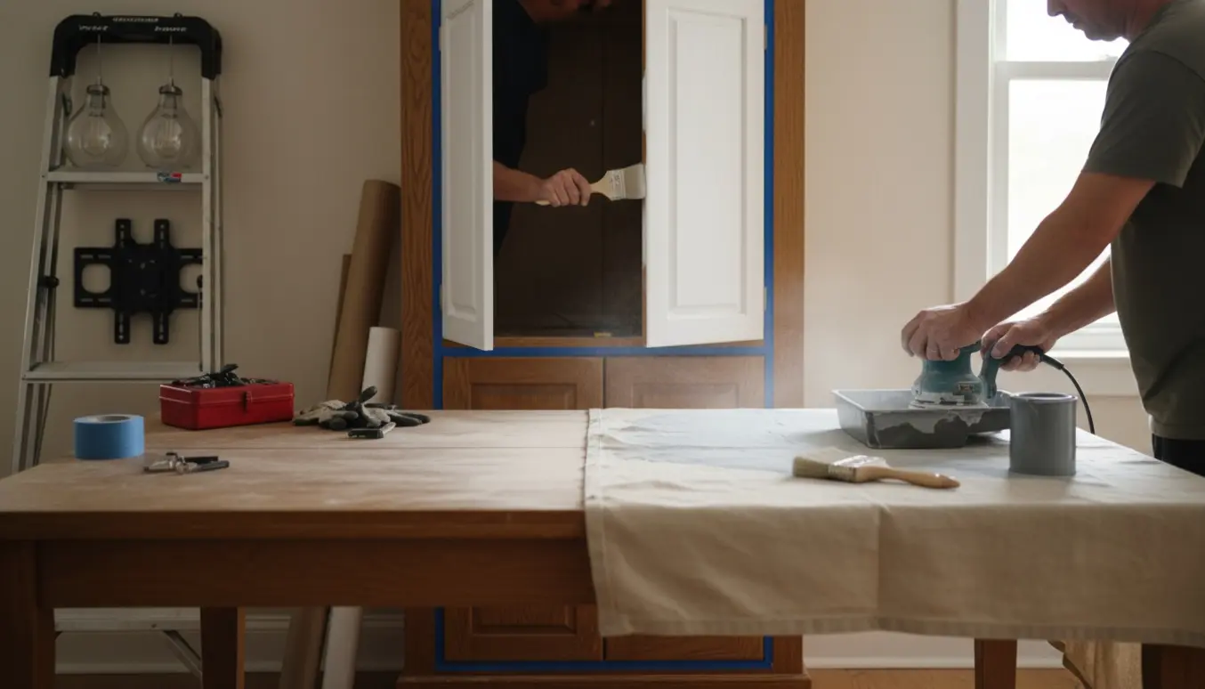 Håndværker sliber og maler et spisebord foran et halvt færdigmalet indbygget skab i dagslys.