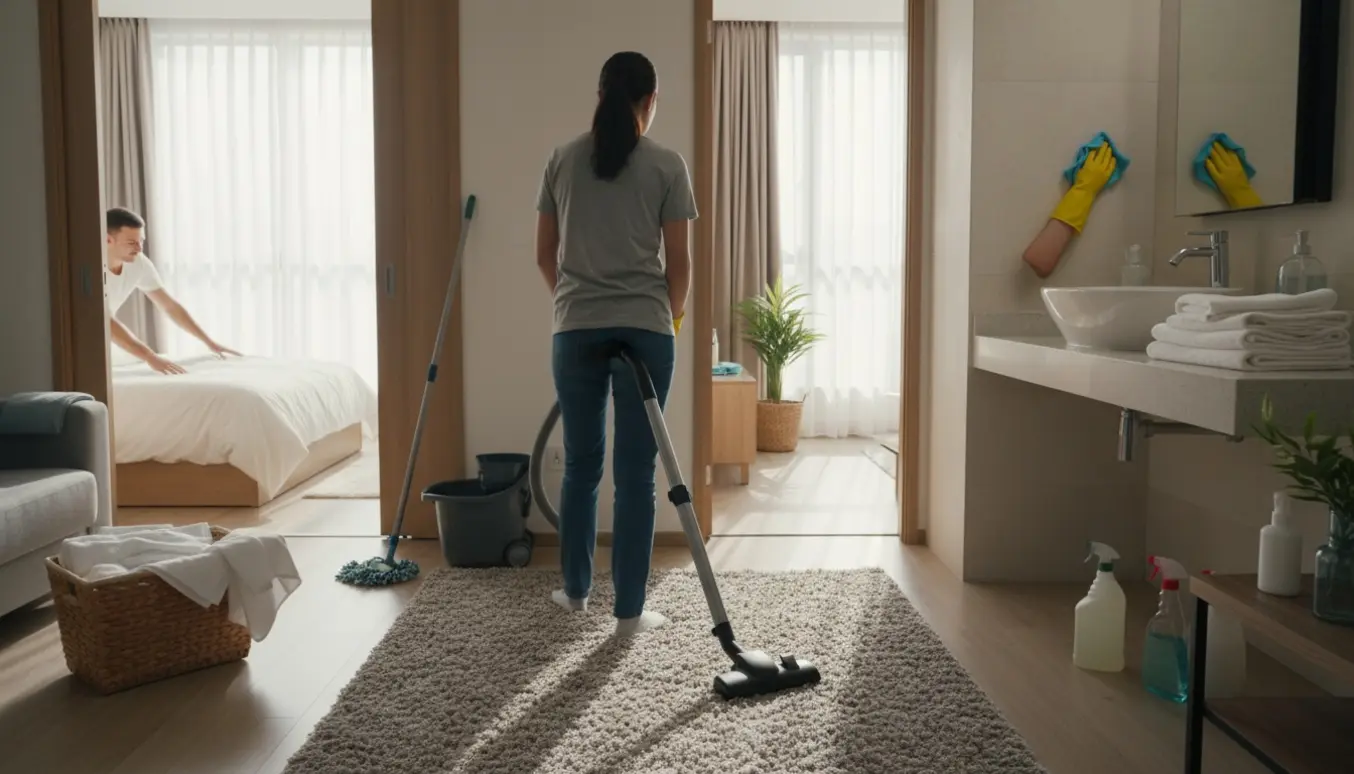 Lys, moderne lejlighed hvor rengøring foregår: støvsugning i stuen, aftørring i badeværelset og opredt seng i soveværelset.