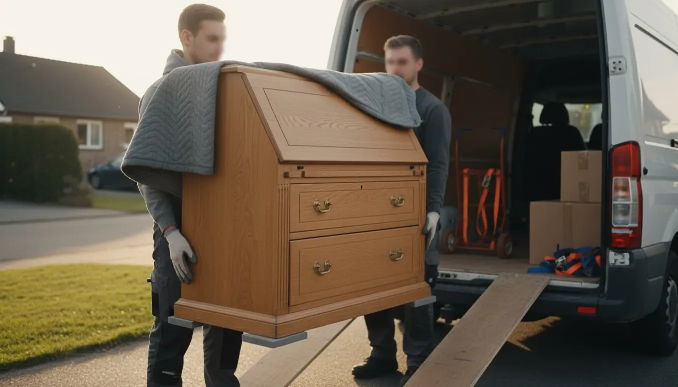 To personer bærer et mellemstort træchatol ind i en varevogn på indkørslen, beskyttet af flyttetæpper og surringsstropper.