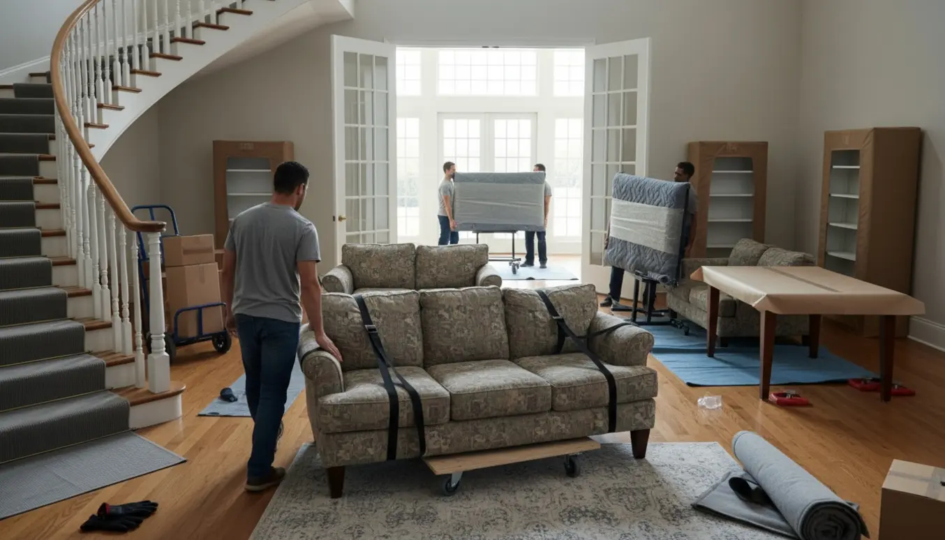 Flyttefolk ruller og bærer møbler fra en stue ind i en tilstødende gildesal med beskyttelsesudstyr og bred adgang.