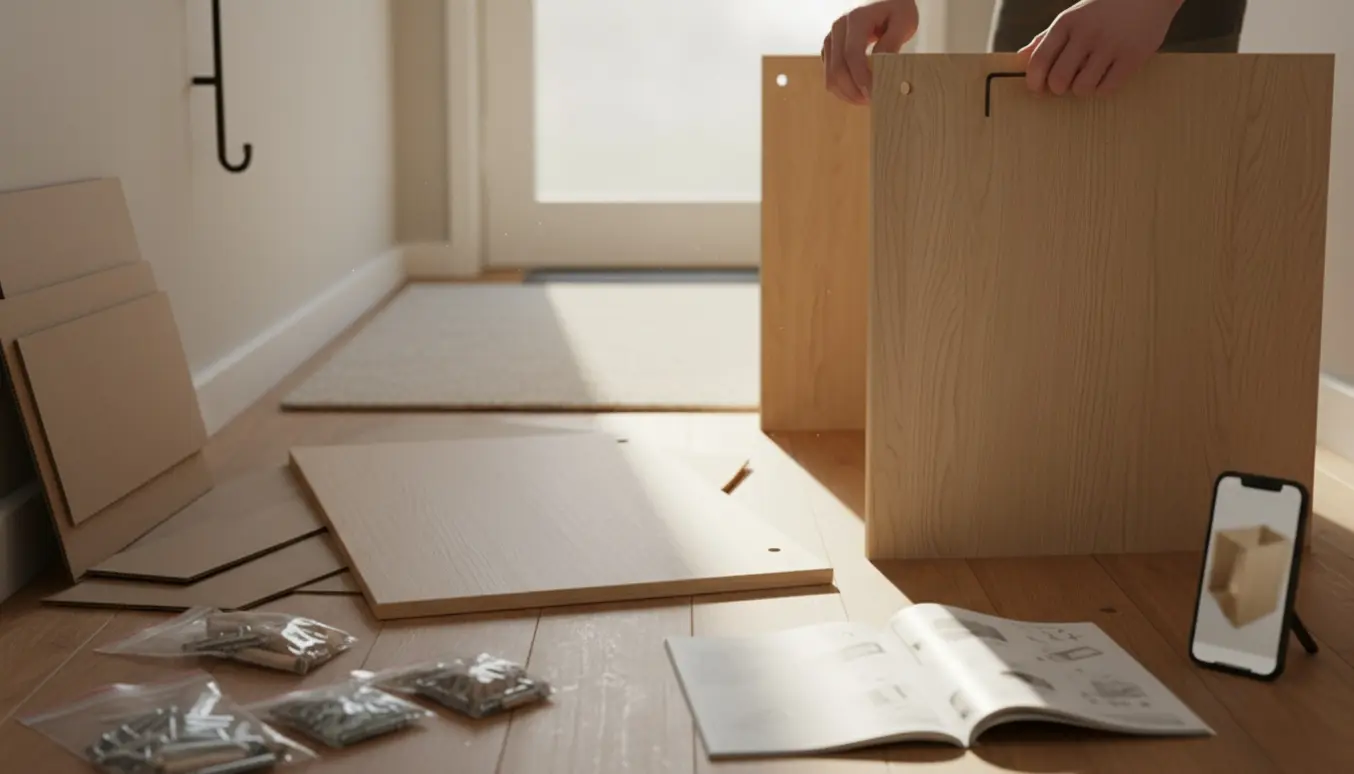 Hænder samler et lille fladt pakkeskab i en lys entré med dele og manual.