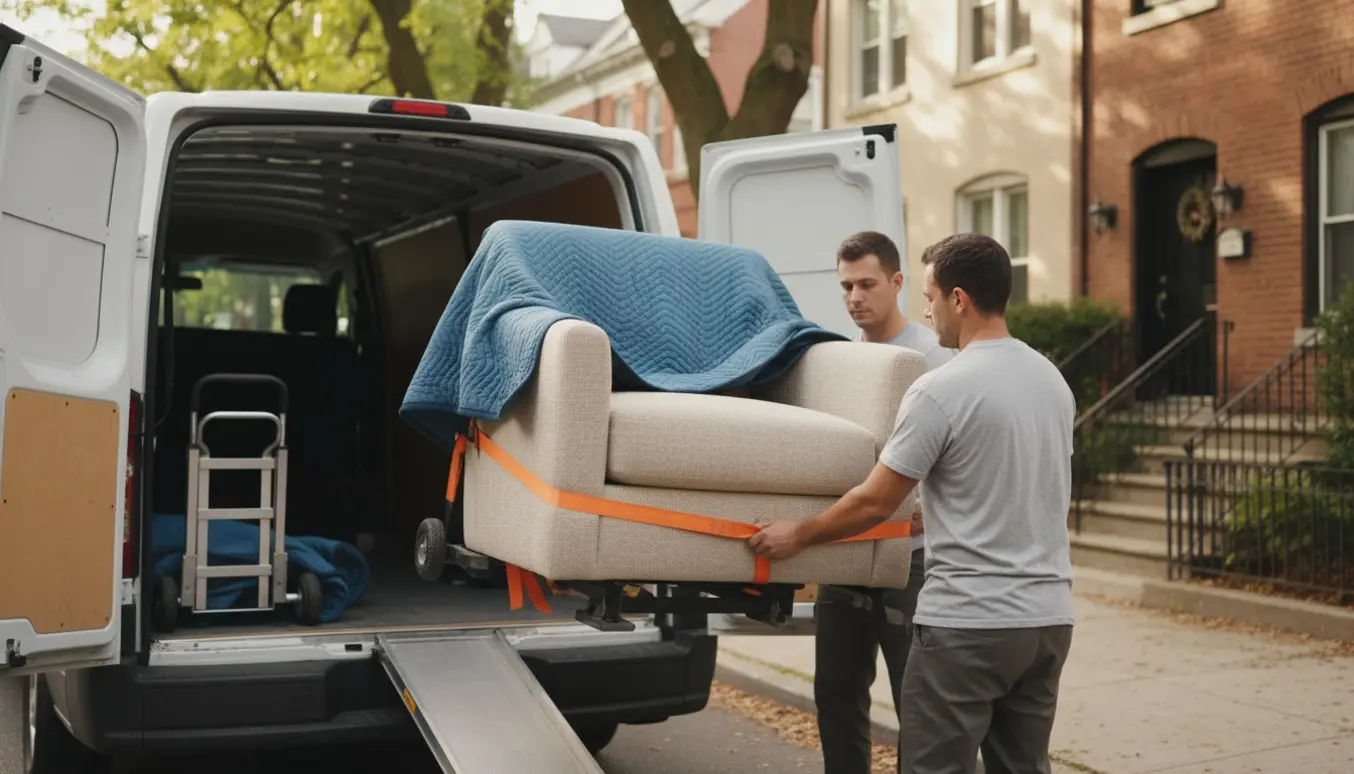 To personer bærer en stoflænestol ned ad en trappe mod en åben varevogn på en rolig villavej.