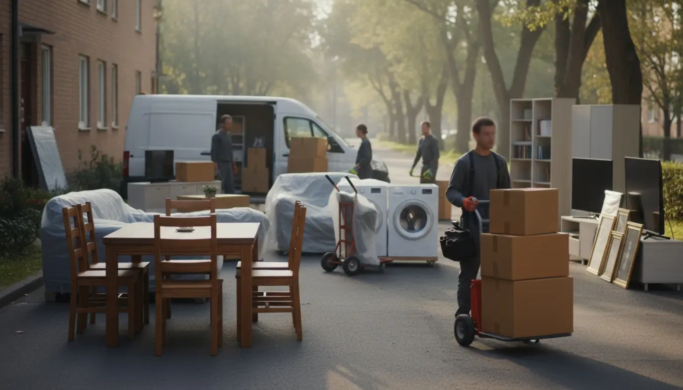 Møbler, hvidevarer og stabler af flyttekasser overflyttes fra en lejlighed til en parkeret flyttevogn.