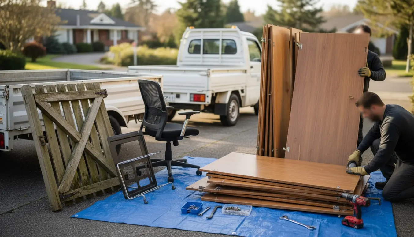 Hjælpere demonterer klædeskabe og læsser møbler og en revet havelåge på en trailer i indkørslen.