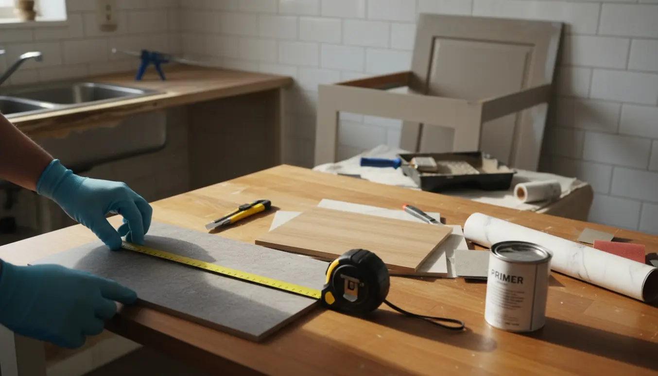 Prøver til nyt køkkenbord, værktøj og et nylakeret toiletskabsdør i en lys lille lejlighed.