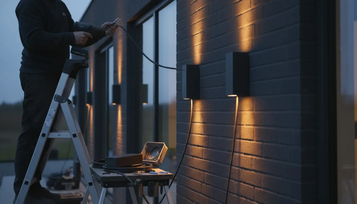 Elektriker monterer antracitfarvede udendørslamper på en moderne husfacade ved skumring.