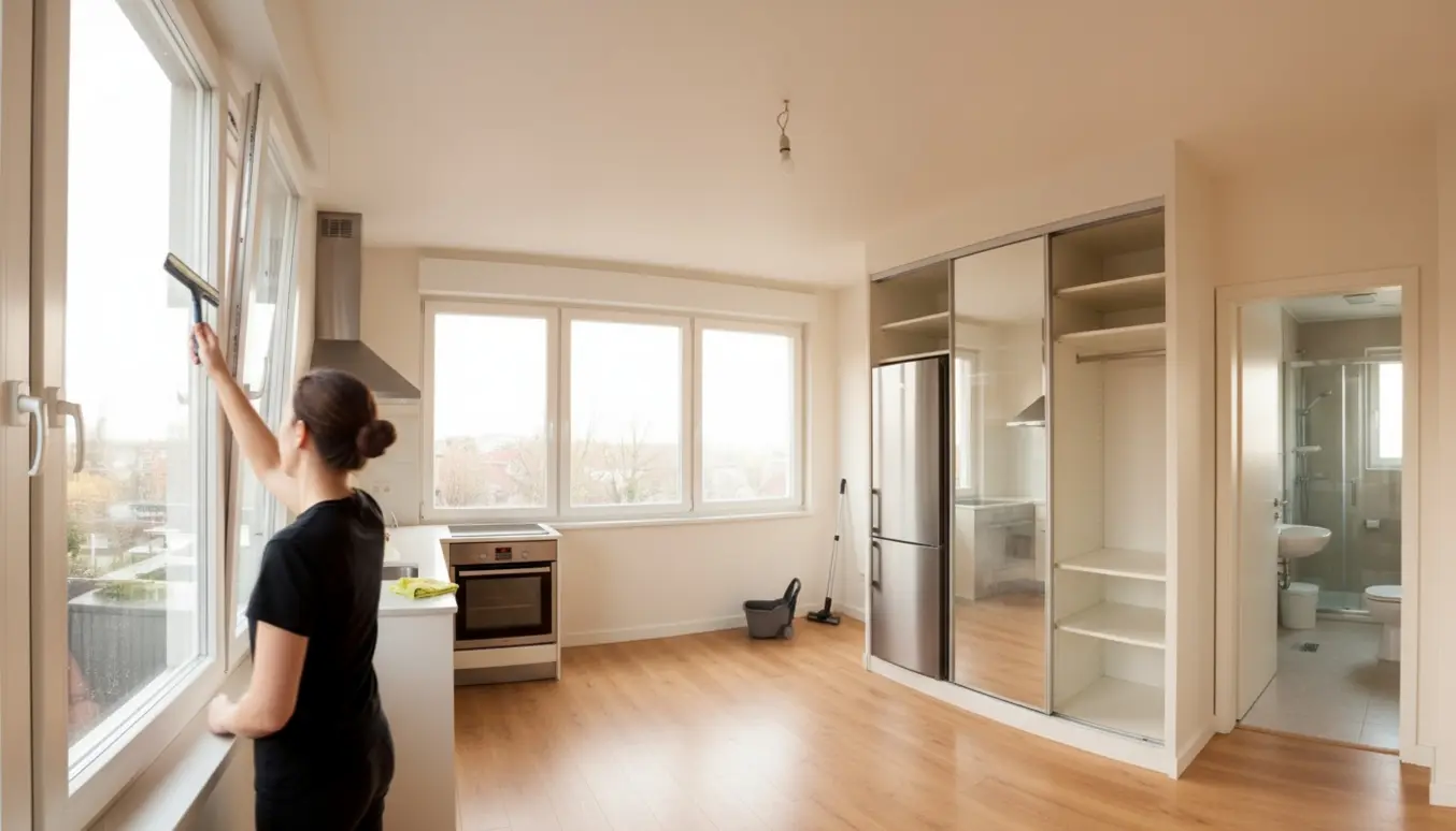 Soloplyst lejlighed under fraflytningsrengøring med person, der pudser vindue og rene skabe og køkkenelementer.