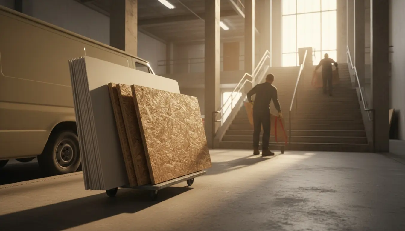 Gips- og OSB-plader bæres fra kantsten gennem en bred, høj gang op til 2. sal.