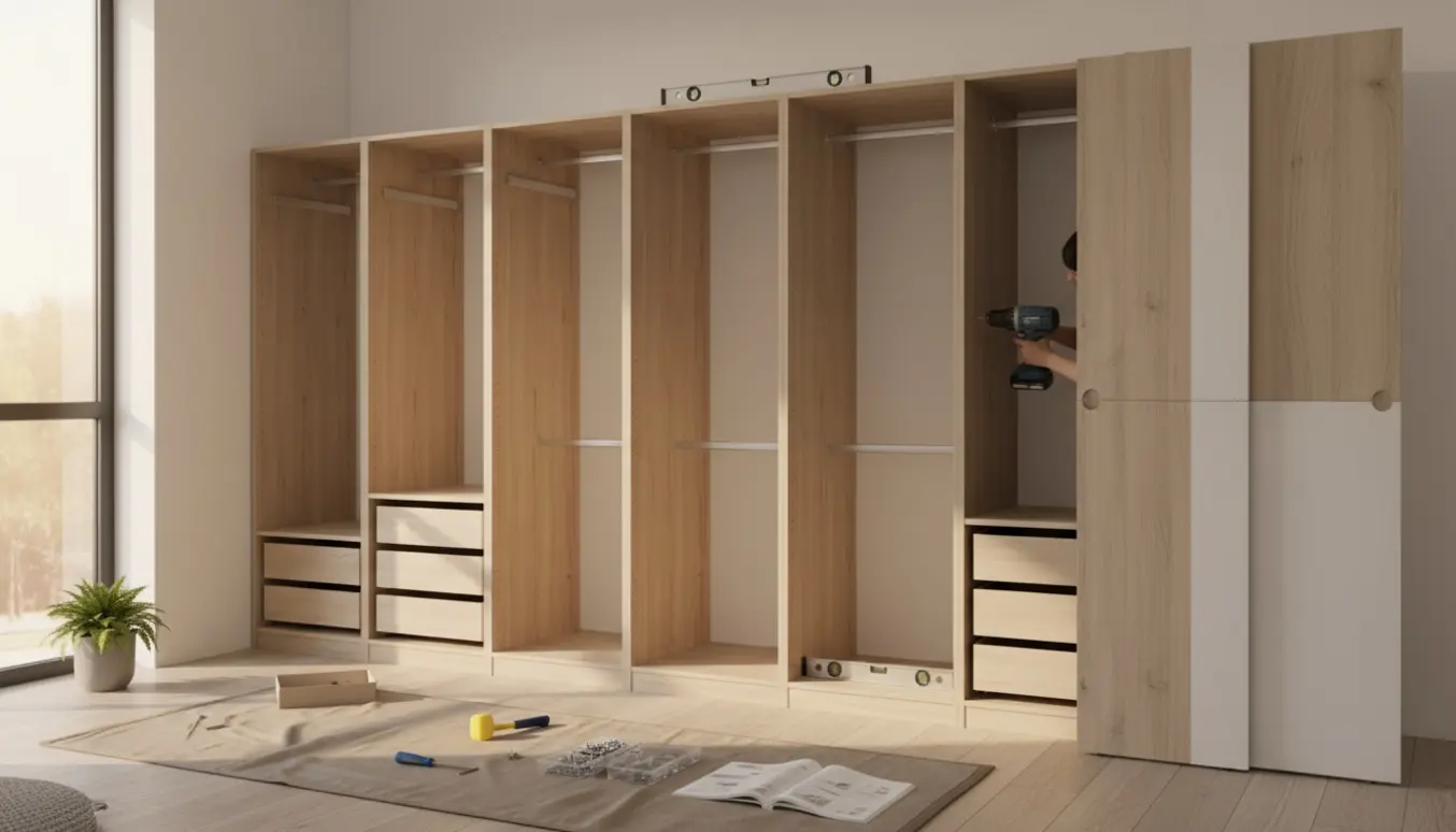 Stort PAX-garderobeskab under montering i et lyst værelse med værktøj og dele på et beskyttelsesunderlag.