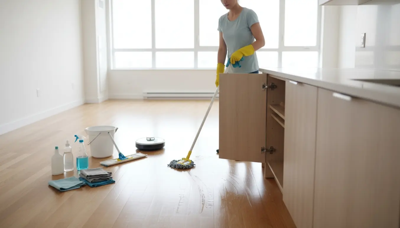 En rengøringsperson tørrer skabe og gulve i en tom, nyrenoveret lejlighed i blødt naturligt lys.