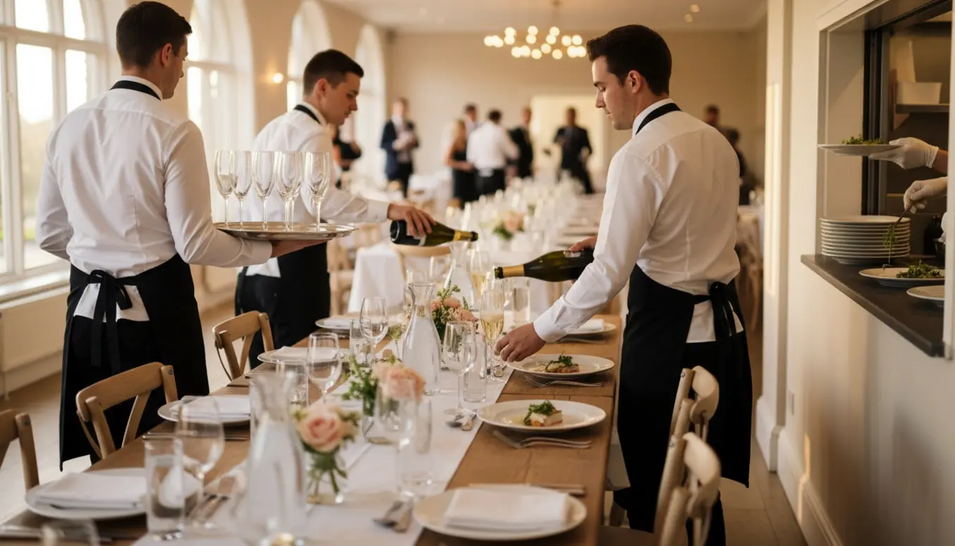 Tre tjenere forbereder drikkevarer og dækker et elegant bryllupsbord i blødt aftenslys.