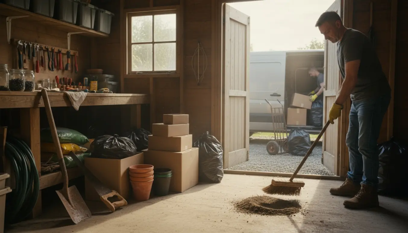 Indvendigt skur under oprydning, en person fejer gulvet mens sække og kasser gøres klar til afhentning.