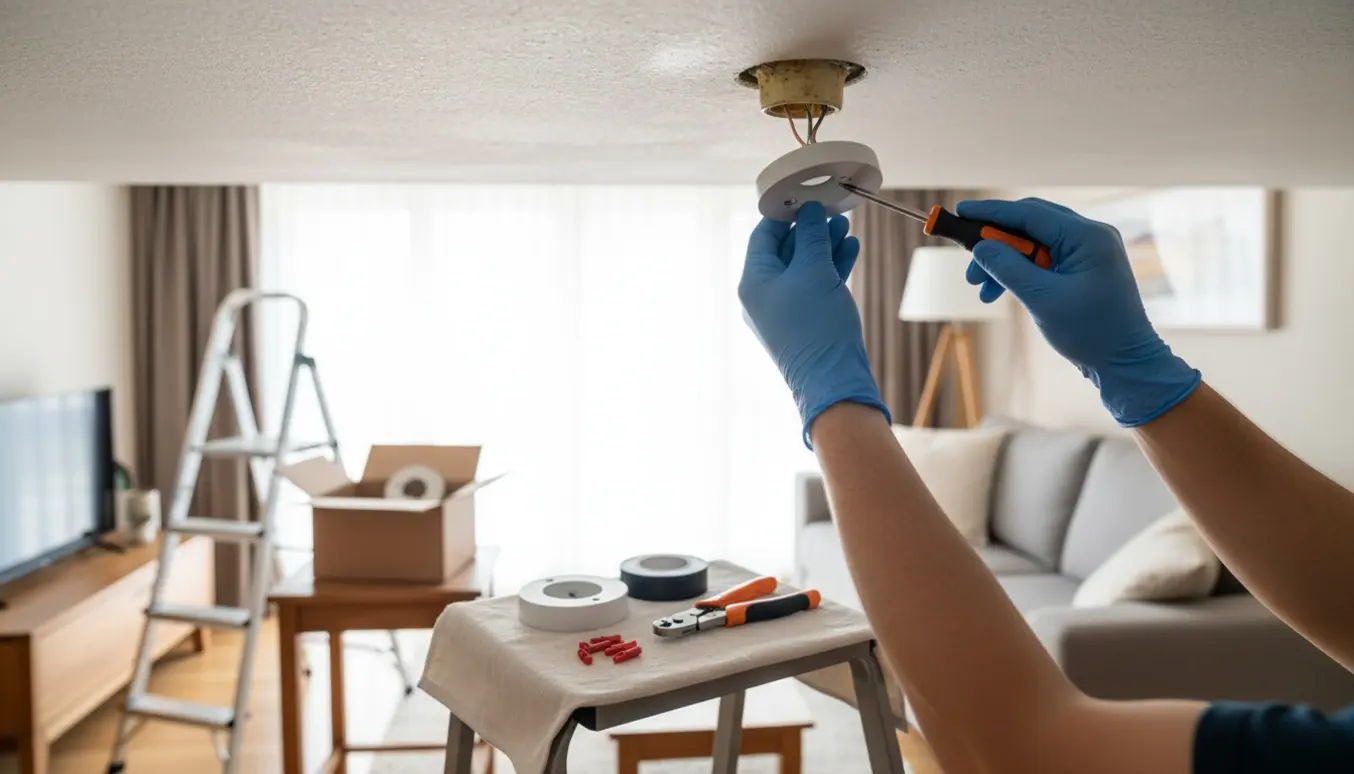 Hænder udskifter gamle loftlampeudtag med nye hvide LK Ø83 mm udtag i en lys stue med trappestige og værktøj.