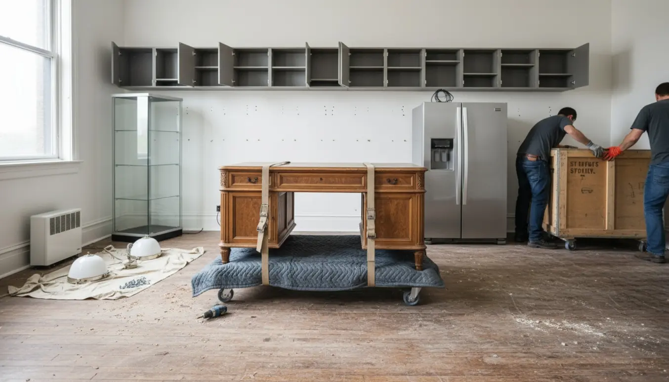 Kontorrum med fjernet tæppe, gammelt skrivebord på flyttevogn, nedtagne vægskabe og værktøj, uden tydelige ansigter.