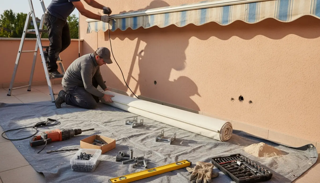 Håndværkere fjerner en elektrisk markise og forbereder opsætning af en manuel markise med borehammer og værktøj.