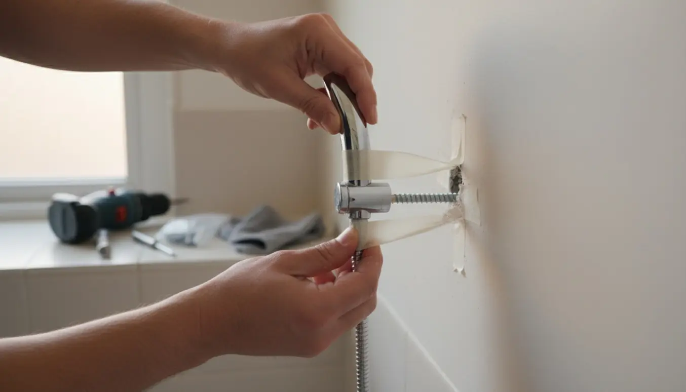 Nærbillede af hænder, der fastgør brusehovedets arm til en gipsvæg med rawlplug og skruetrækker.