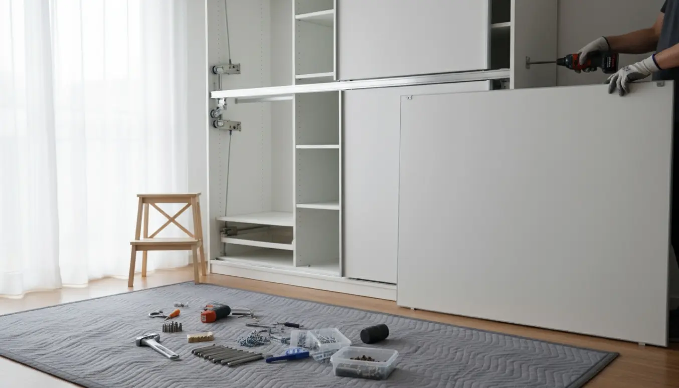Delvist adskilt garderobeskab med skydedørspanel, værktøj og hænder i arbejde på et beskyttelsesunderlag.