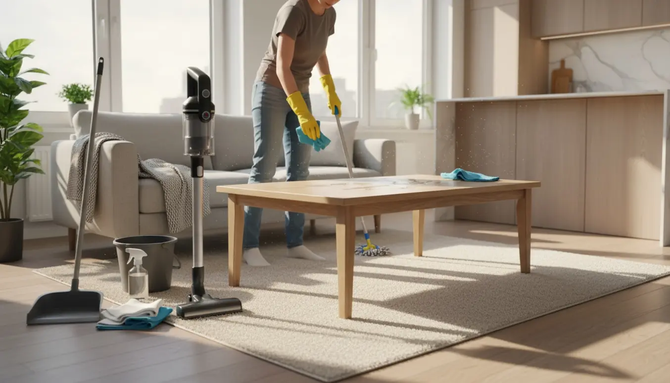 En rengøringshjælp tørrer et sofabord af i en lys, moderne lejlighed med rengøringsudstyr i forgrunden.