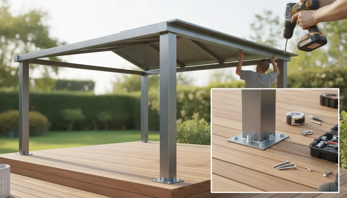 To personer opsætter en 3x4 m havepavillon med ståltag på en træterrasse, den ene bruger en boremaskine.