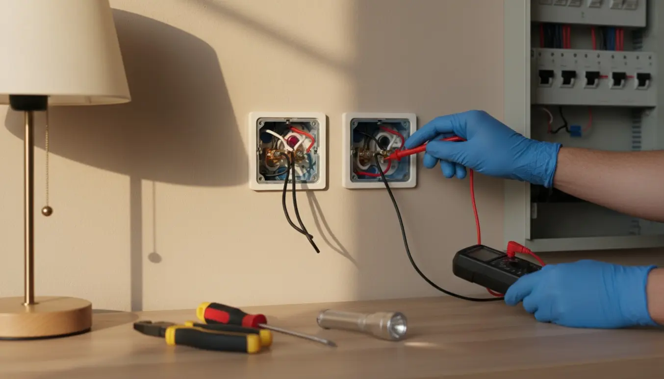 Hænder tester to strømafbrydede stikkontakter med måleinstrumenter og værktøj.