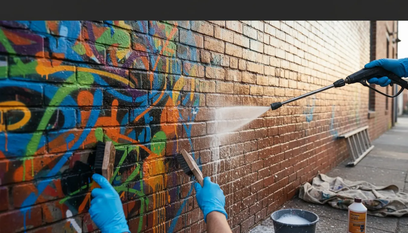 Nærbillede af fjernelse af farverig, utydelig graffiti fra en murstensvæg med børste og højtryksrenser.