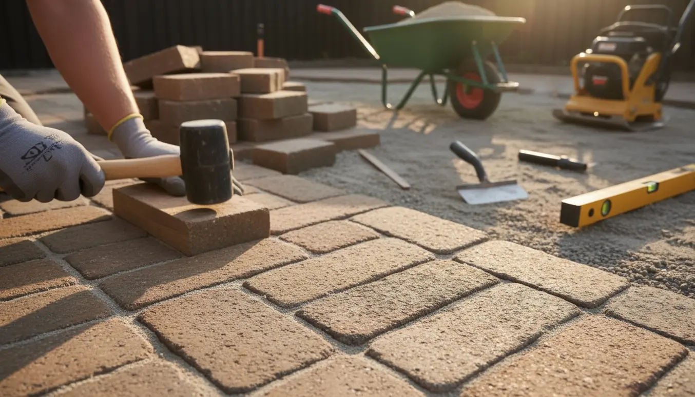 Nylagt række af Holmegaardsten i en baggård med værktøj ved siden af.