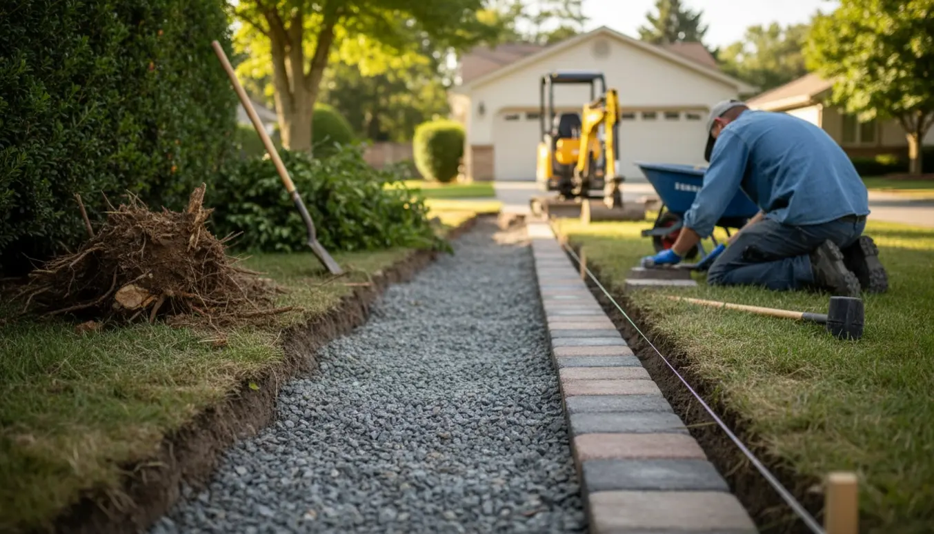 Udvidelse af indkørsel ved parcelhus med opgravet kant, bunker af grus og delvist lagt fliser.