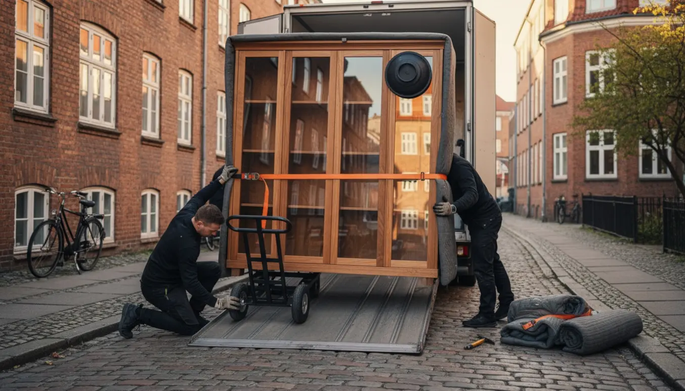 Tungt vitrineskab i træ og glas læsses omhyggeligt ind i en flyttevogn på en smal sidegade i Islands Brygge.