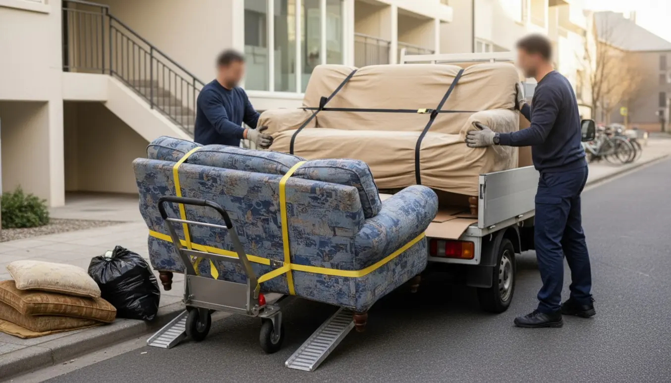 To sofaer (en 2-personers og en 3-personers) bliver læsset på en varevogn ved fortovet under afhentning af storskrald.