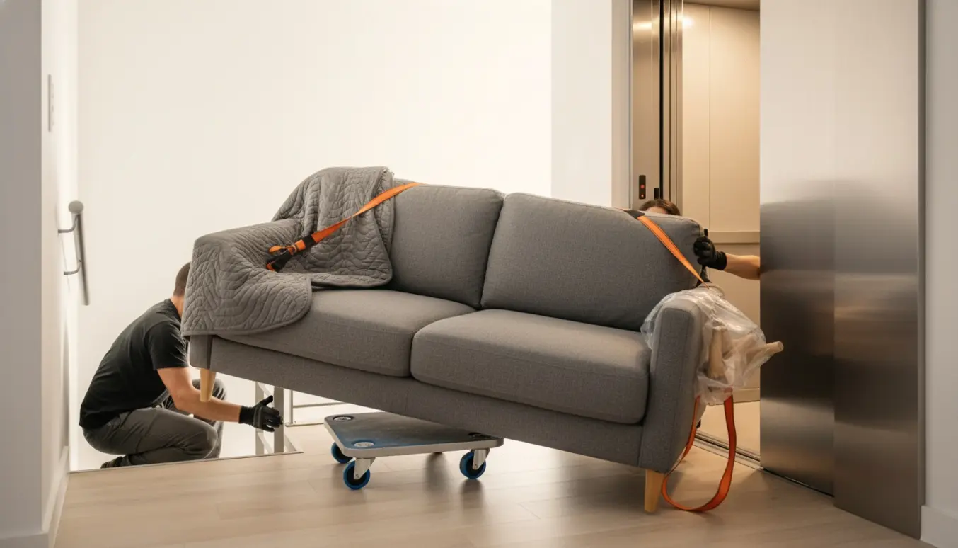 To flyttemedarbejdere vipper en 2,5-personers sofa ud mod en elevator i en lys trappeopgang, med de aftagne ben i en plastikpose på sofaen.