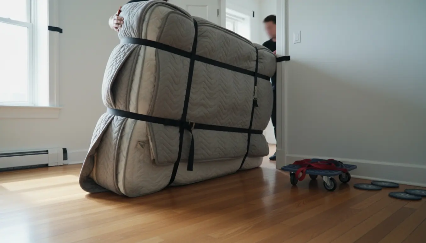 To personer bærer en stor dobbeltseng gennem en smal døråbning med flyttetæpper og remme.