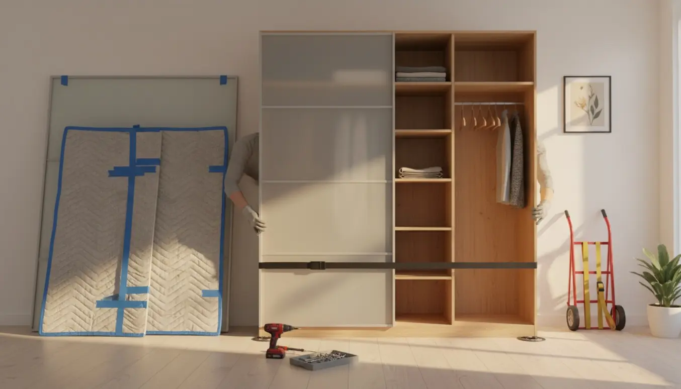 Et højt, tre-delt garderobeskab forberedes til flytning med afmonterede skydedøre og værktøj ved siden af.