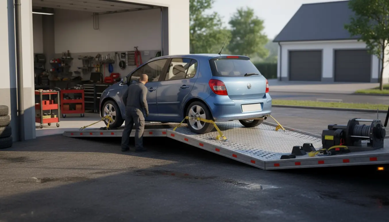 Autotransporter laster en ikke-kørende personbil ved et værksted med et privat hus med stor garage i baggrunden.