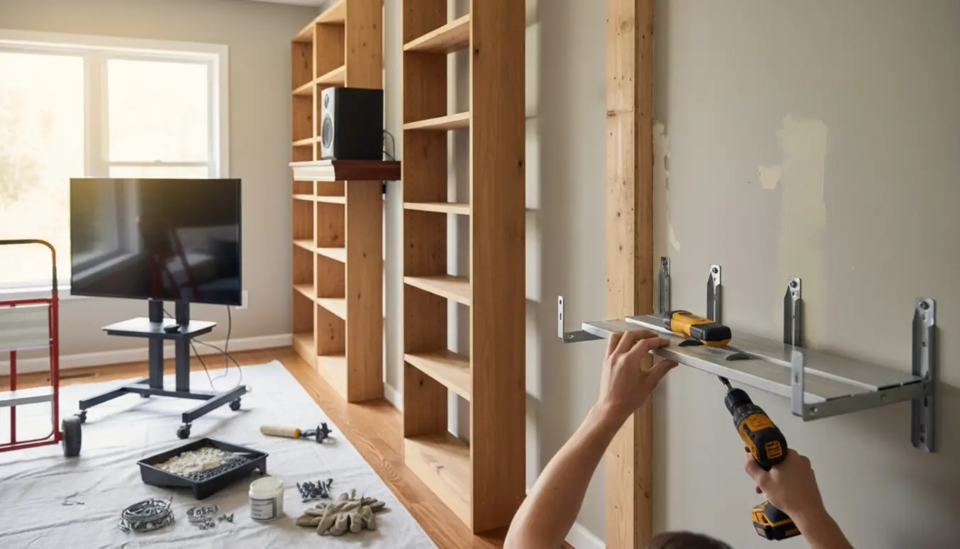 Hænder monterer reoler og en stereohylde på en væg, mens et stort TV står på et flytbart stativ og malerudstyr ligger klar.