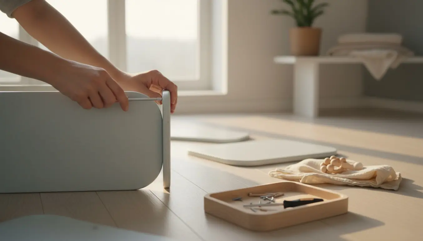 Hænder samler et lyst, skandinavisk puslebord i et solrigt børneværelse med værktøj og pusleudstyr.