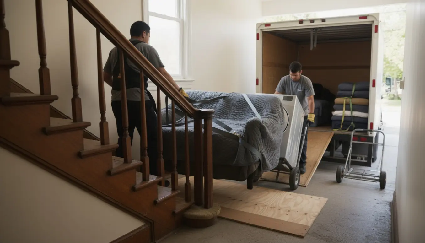 To flyttemænd bærer en indpakket sofa og en vaskemaskine ned ad trappen fra 2. sal mod en ubrandet flyttevogn på gaden.