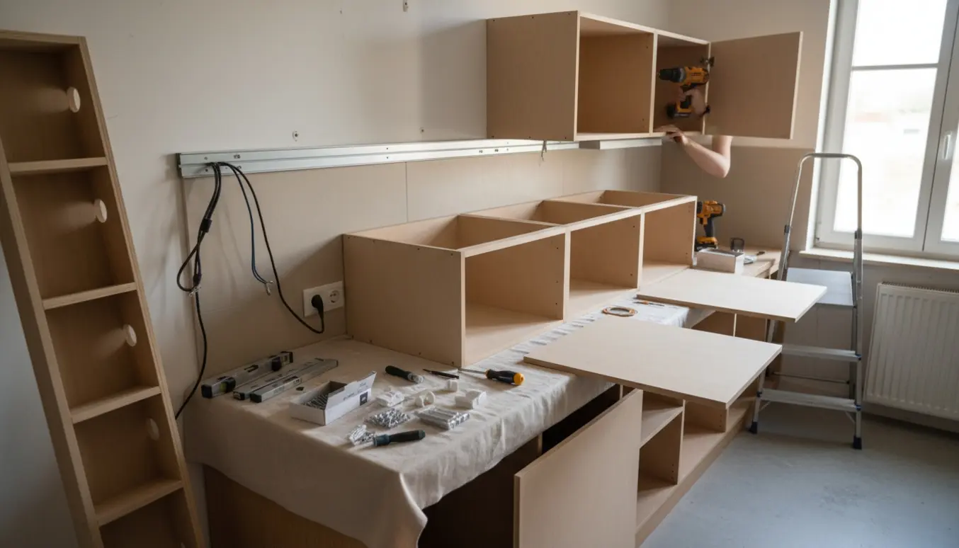 Montering af fire vægskabe og underbelysning i et køkken, med værktøj og elementer klar på bordet.