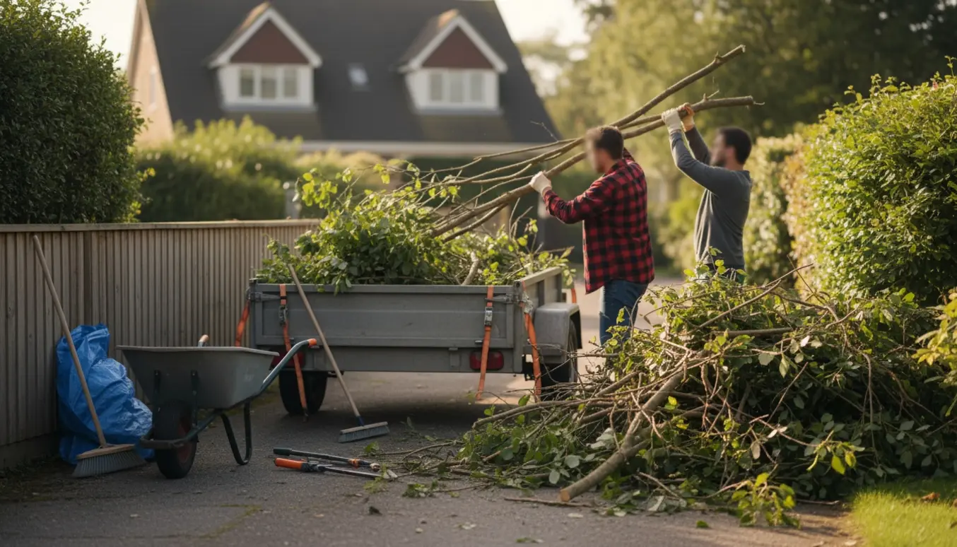 Trailer parkeret tæt ved en bunke grene, mens handskerklædte hænder læsser dem op.