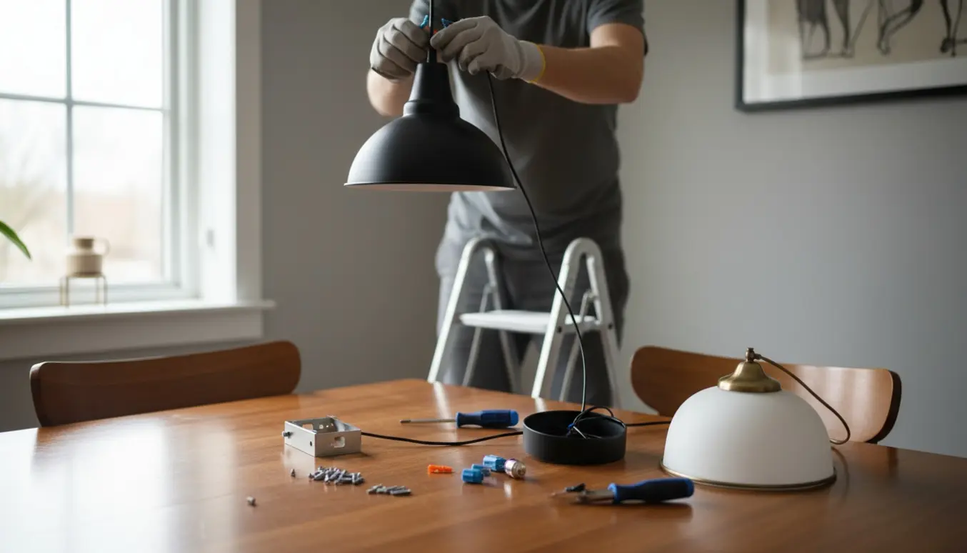 Hænder på en stige monterer en ny pendellampe over et spisebord med lampedele og værktøj på bordet.