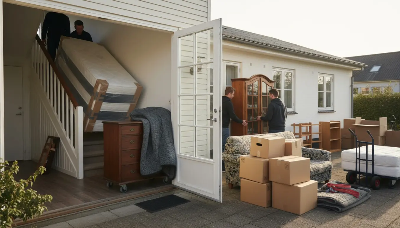 Mænd flytter madras, kommode og flyttekasser mellem et rækkehus og et et-planshus i naturligt dagslys.