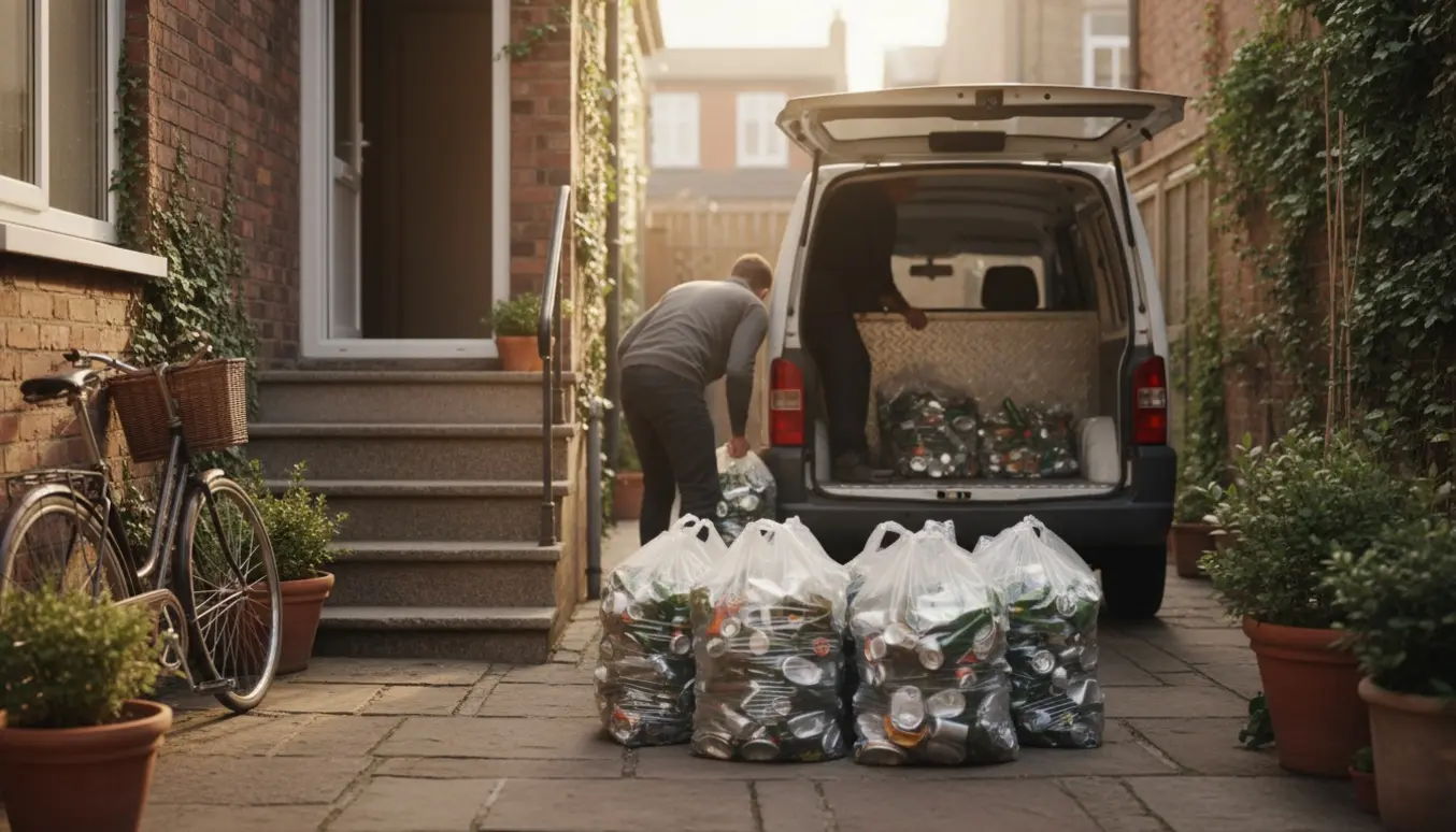 Person læsser 8–10 store poser med flasker og dåser ind i en varevogn i en baggård med fire trappetrin.