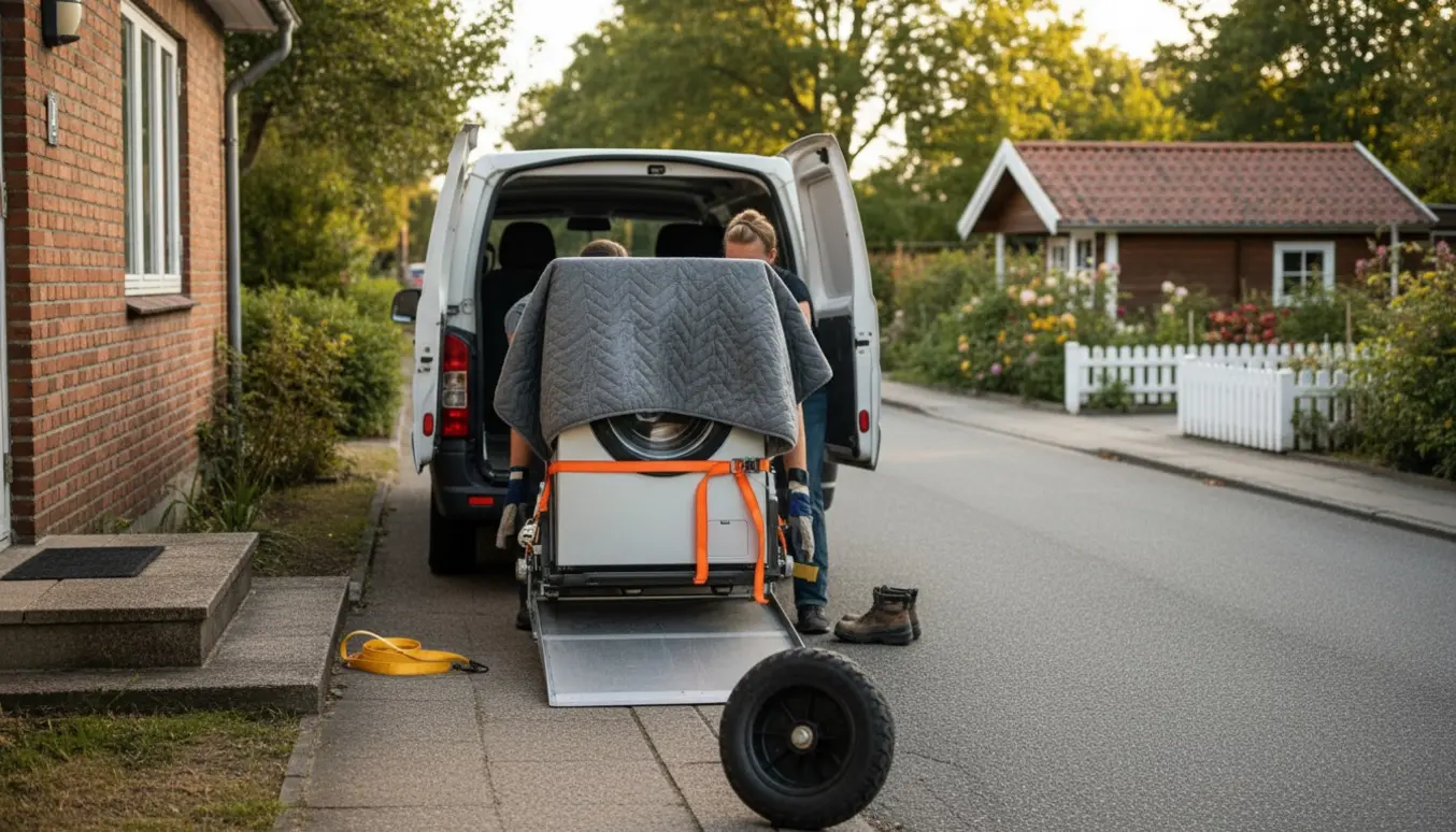 Vaskemaskine på en dolly bæres mod en varevogn foran et plejehjem med en kolonihavehytte i baggrunden.