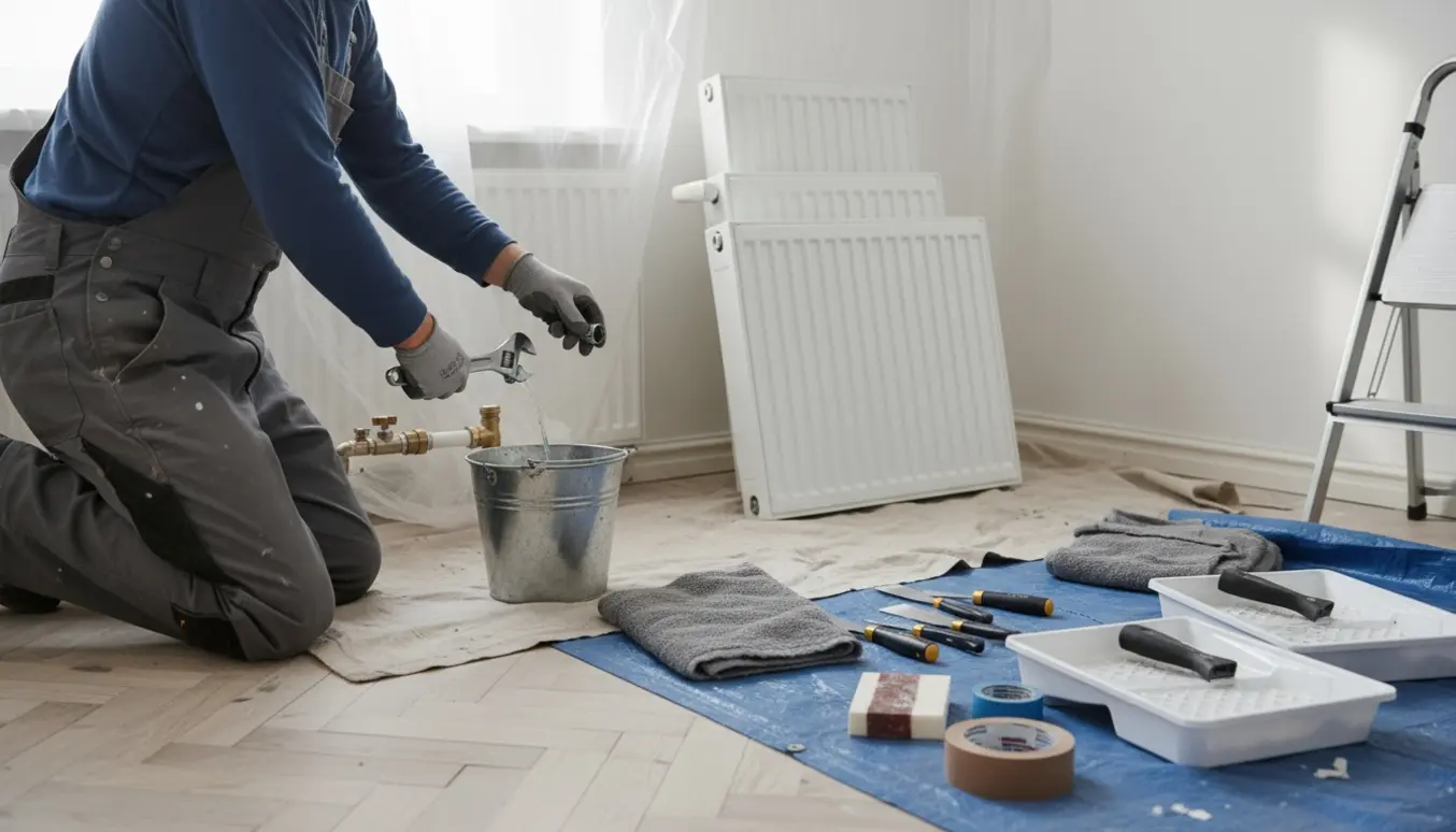 En VVS'er afmonterer radiatorer i en lys lejlighed med værktøj og malerudstyr klar til spartling og maling.