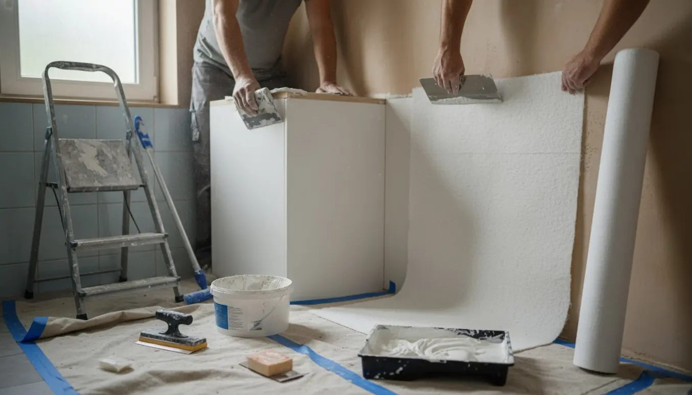 Hænder spartler væg og sætter vægfilt op i et lille badeværelse ved wc-kassen.