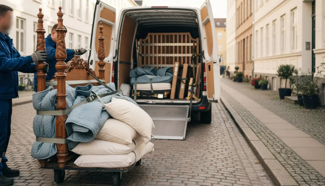 Delvist adskilt himmelseng pakket og læsset i en flyttebil foran en københavnsk lejlighed.