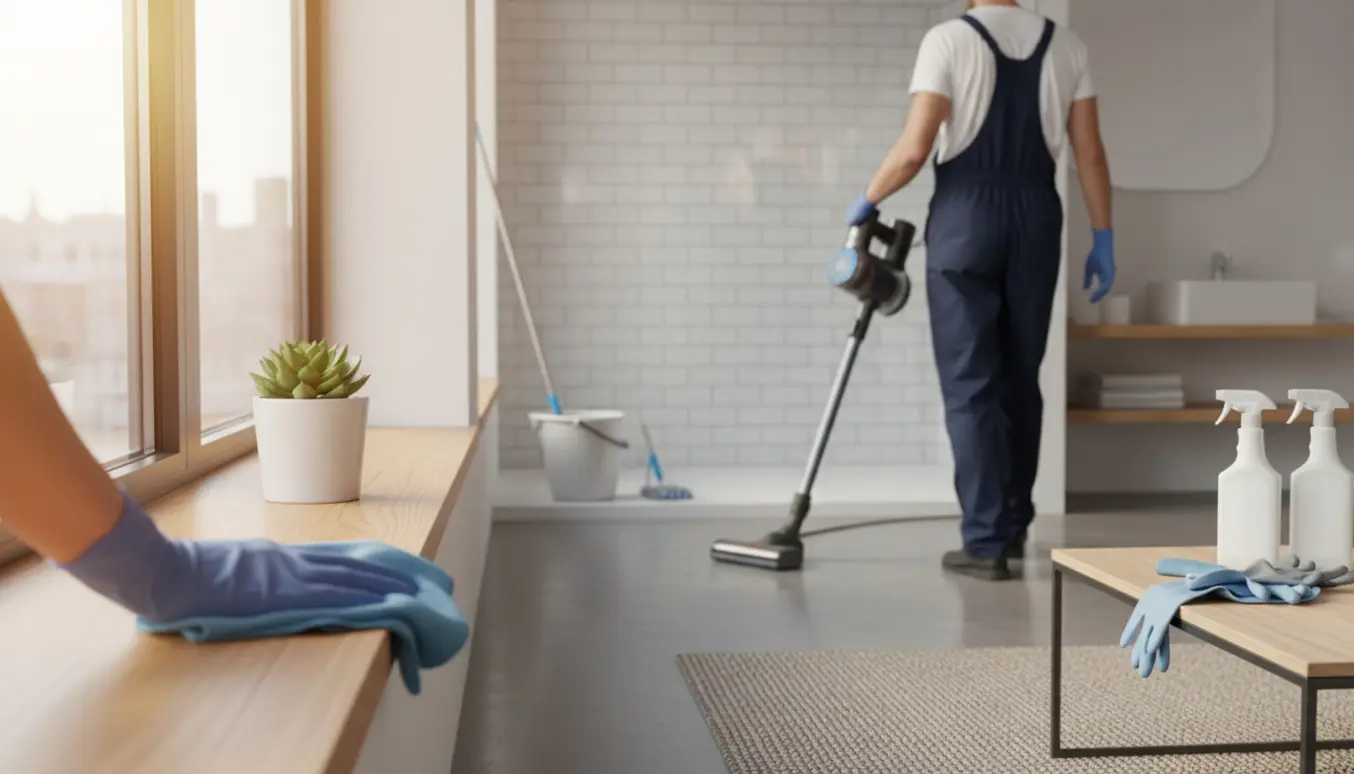 Rengøring i en stor, lys lejlighed med handske, mikrofiberklud, støvsuger og moppe uden synlige ansigter.