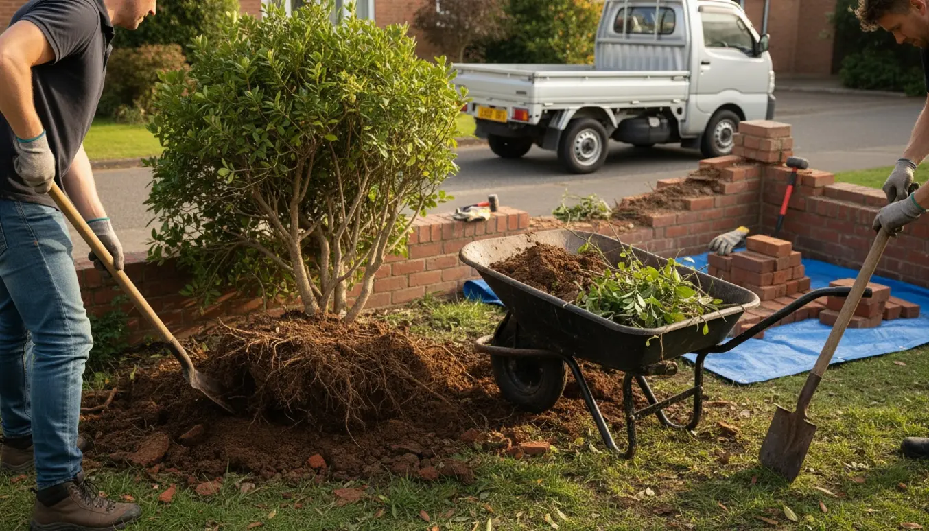 Havebed med opgravet jord og en busk ved at blive fjernet, trillebør og trailer klar til afhentning.