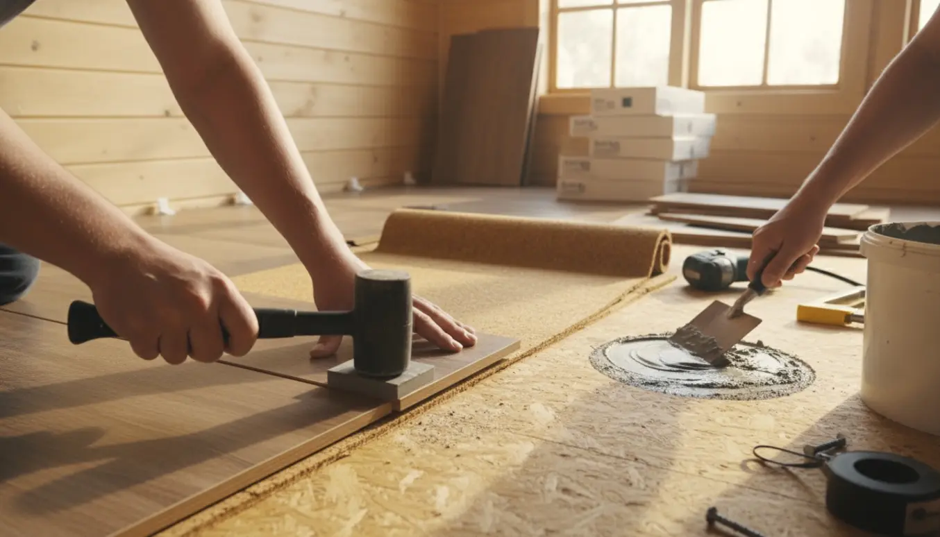 Nærbillede af hænder, der lægger akustisk laminatgulv med korkunderlag i et lyst fritidshus.