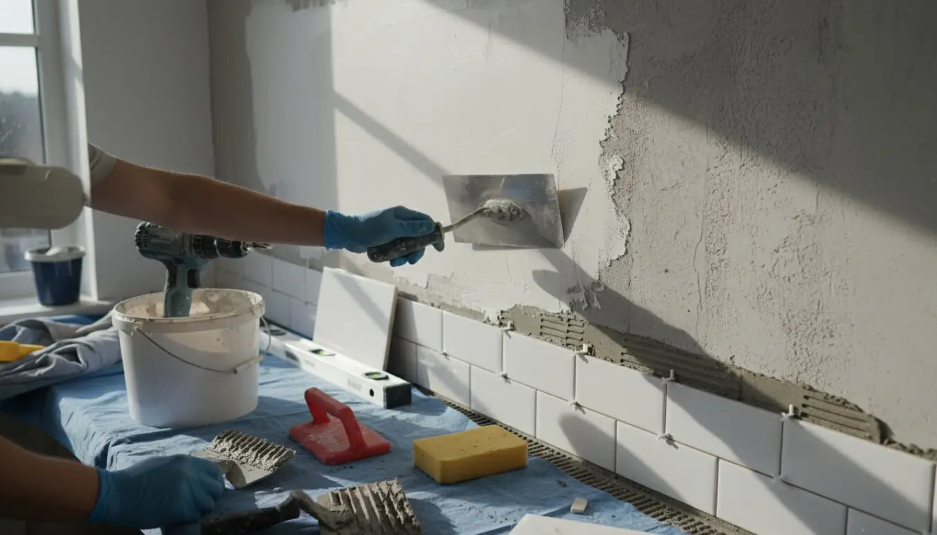 Hænder filtses og der opsættes klinker på en rå køkkenvæg med værktøj og naturligt lys.