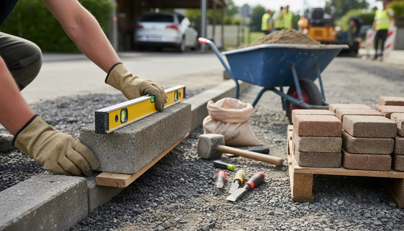 Nærbillede af arbejdshandsker, der løfter en kantsten ved indkørsel med brosten og carport i baggrunden.